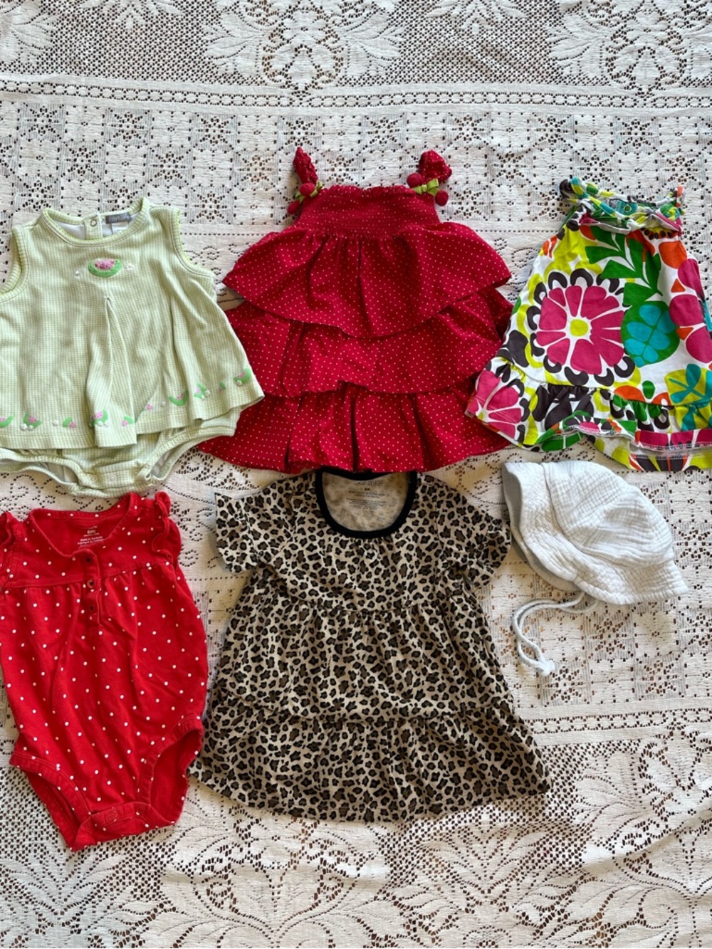 Lot of 5 infant baby girl 6mo summer dress bundle + romper with gift bucket hat
